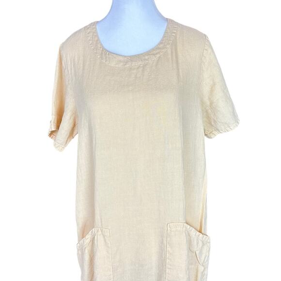 Russ Berens Linen Shift Dress Lagenlook Yellow Size XS Oversized Hand Colored - Picture 2 of 8